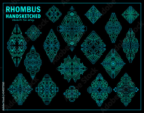 Vector steampunk elements for design. Ornate rhombus for logo, emblem, labels. Steampunk, mechanical clock, gear, bird sketch collection. Modern design, neon blue and green color