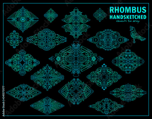 Vector steampunk elements for design. Ornate rhombus for logo, emblem, labels. Steampunk, mechanical clock, gear, bird sketch collection. Modern design, neon blue and green color