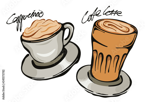 Cup of coffee, cafe latte and hand sketched calligraphy