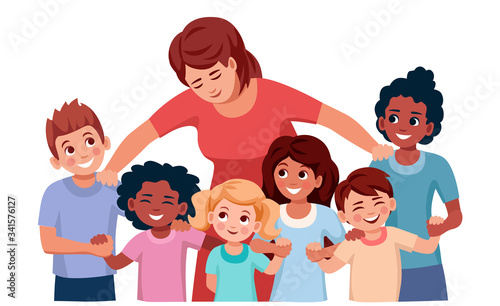 foster mother or teacher hugs a group of children holding hands of different ages and nations