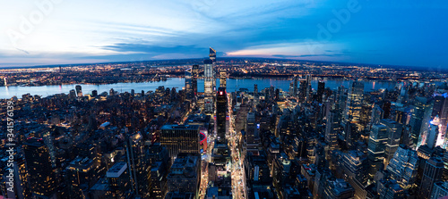 Panoramic view of New York City Skyline at sunset time. USA