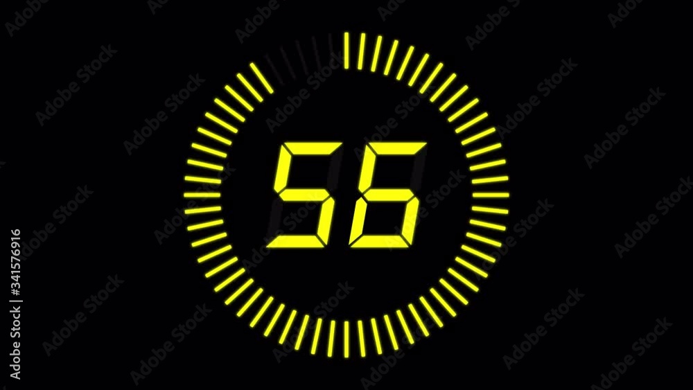 Digital countdown clock, 60 seconds with numbers and circle marking time, 30fps