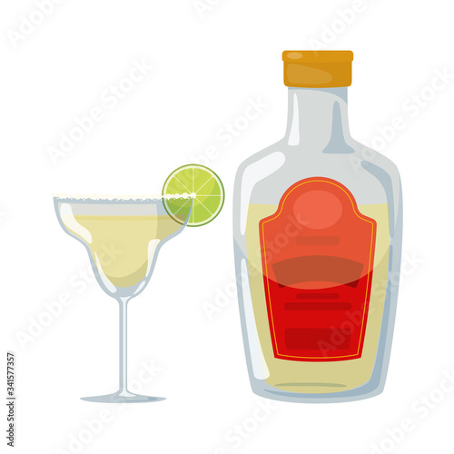 Mexican traditional beverage - glass and bottle of tequila and cocktail margarita. Vector