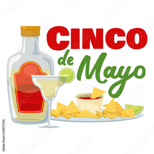 Cinco de mayo - mexican traditional fiesta  badge with nachos and tequila. Vector