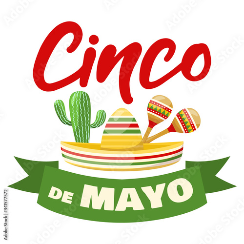 Cinco de mayo - mexican traditional fiesta, cactus, sombrero and maracas. Vector
