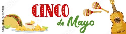 Cinco de mayo horizontal banner, mexican traditional fiesta. Guitar and maracas, tacos and nachos chips. Vector