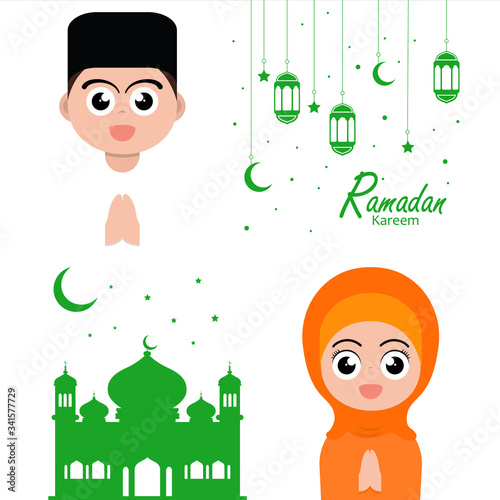 flat illustration poster ramadan design with ramadan kareem cartoon character background
