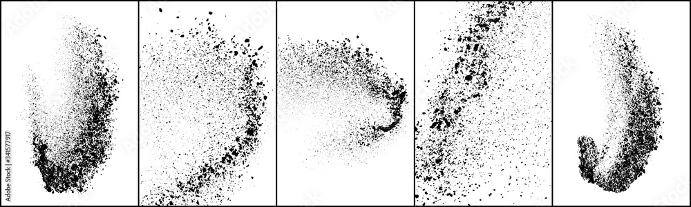 Set of explosion black grainy texture isolated on white background. Dust overlay textured. Dark noise particles. Grunge design elements. Vector illustration, Eps 10.