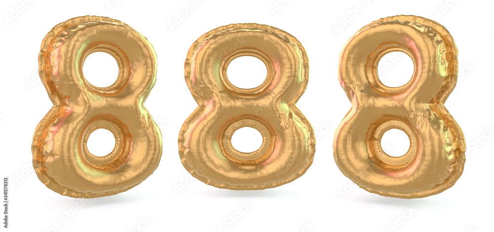 Number 8. Digital sign. Inflatable gold balloon on background. 3D