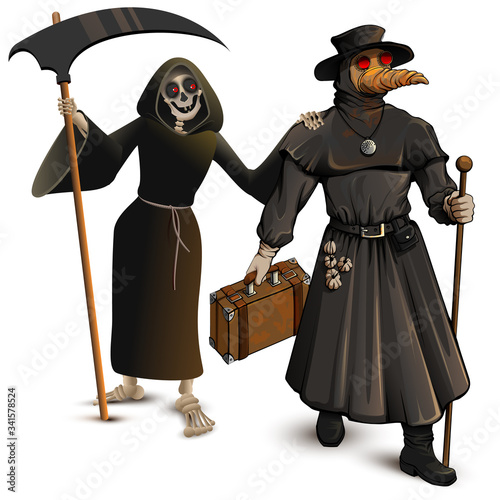 Medieval doctor in protective suit and grim Reaper. Epidemic character cartoon