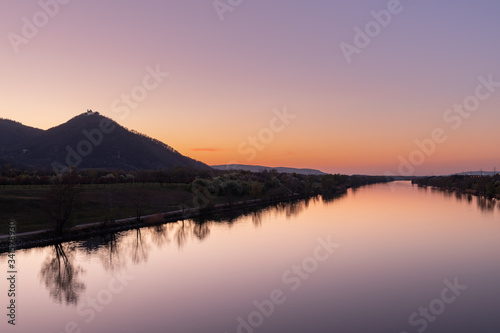 Photography Leopoldsberg and river Danube on a clear evening in spring