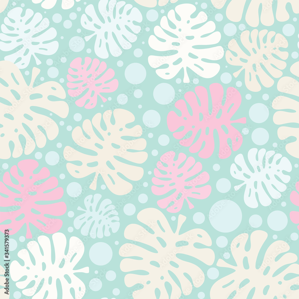 Vector seamless pattern. Cute tropical plants with bobbles , monstera leaves. Modern random colors. Perfect for textile, texture, fabric ornament, paper print and simple backgrounds