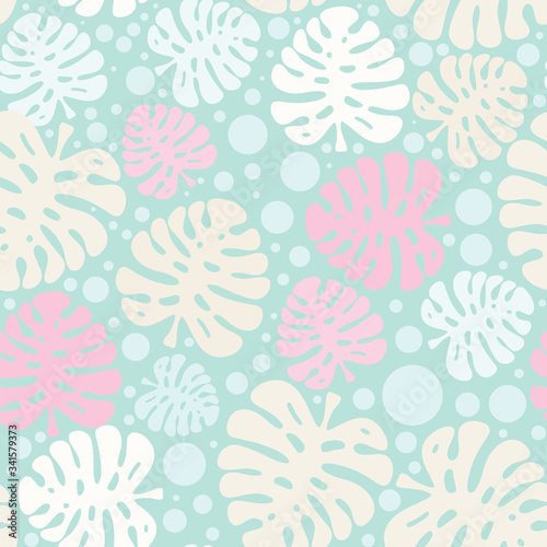 Vector seamless pattern. Cute tropical plants with bobbles   monstera leaves. Modern random colors. Perfect for textile  texture  fabric ornament  paper print and simple backgrounds