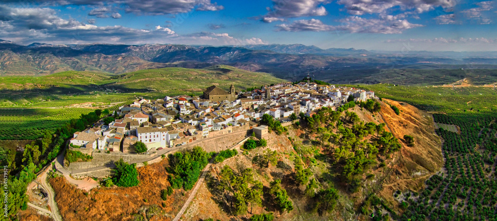 Aerial view of typical andalusian village at sunset. Spain. Drone Photo