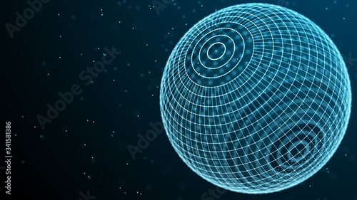 Abstract 3d sphere. Mesh of sphere with points and lines on dark background. Science and technology. 3d rendering.