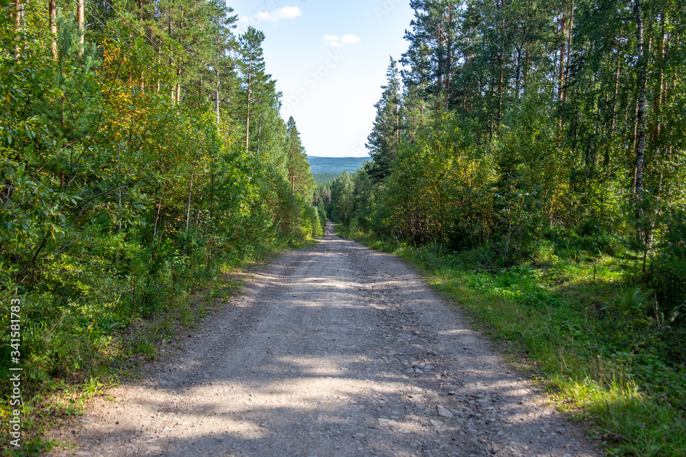 Road to the Urenga mountain range near Zyuratkul national Park. Chelyabinsk region, South Ural, Russia