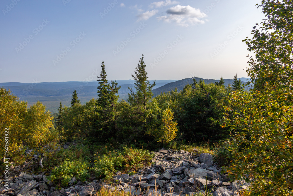 Obraz premium Urenga mountain range near Zyuratkul national Park. Naked mountain (the second hill), an altitude of 1198 meters. Chelyabinsk region, South Ural, Russia