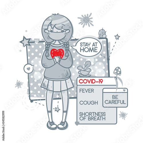 Vector cartoon poster for health care  hospitals  public places and clinics. Cute girl with coronavirus symptoms  recommendation    stay at home   . Informational  social illustration about COVID-19