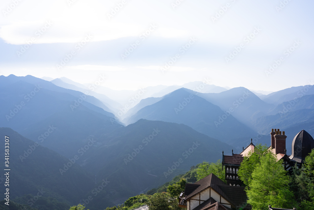 Scenic view of mountains and beautiful castle around Qingjing Farm, Taiwan