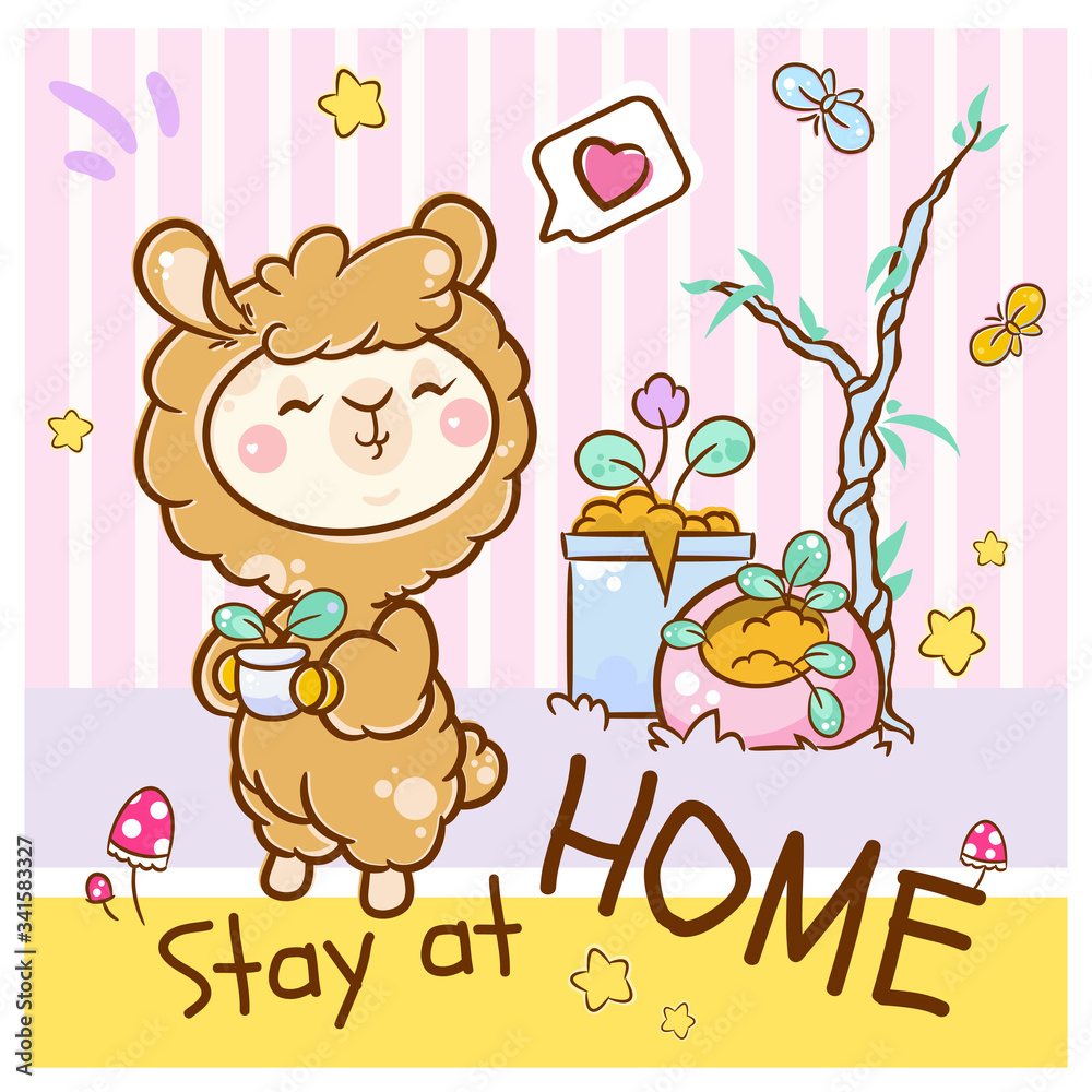 Fototapeta premium Vector cartoon illustration in kawaii kids style. Kawaii big-headed smiling alpaca (or Llama) at abstract room with message “STAY AT HOME”. Lovely elements: stars, plants, butterflies, agarics, heart 