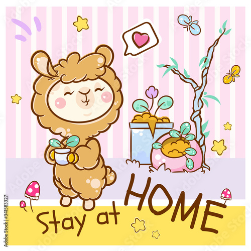 Vector cartoon illustration in kawaii kids style. Kawaii big-headed smiling alpaca  or Llama  at abstract room with message    STAY AT HOME   . Lovely elements  stars  plants  butterflies  agarics  heart 