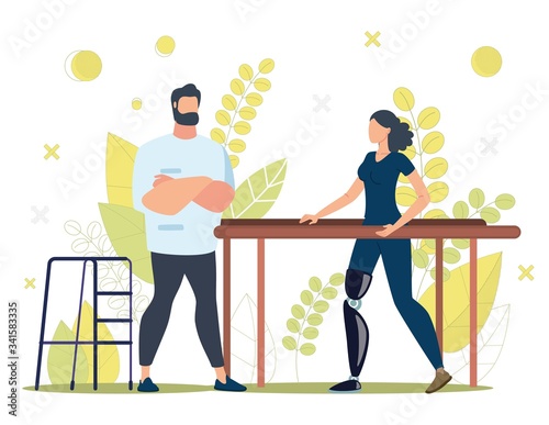 Disabled People Rehabilitation Trendy Flat Vector Concept. Woman with Disability, Learning to Walk on Prosthesis After Leg Amputation, Male Therapist Helping Patient on Parallel Bars Illustration