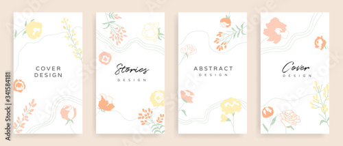 Social media stories and post cover design vector set. Background template with copy space for text and images design by abstract coloured shapes, line arts and floral. 