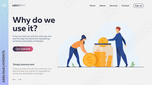 Family couple saving money. Man and woman inserting cash into glass jar. Vector illustration for finance, deposit, economy, investment, banking, concept