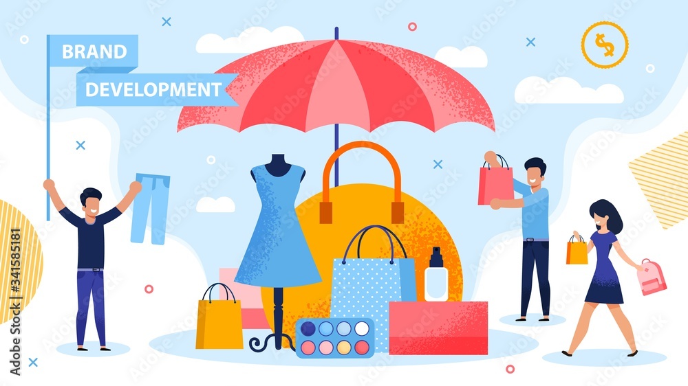 Brand Development and Piracy Protection Metaphor. People Carrying Shopping Bag and Putting Product under Parasol. Marketer Holding Flag with Promoting Lettering. Fashion Woman Goods Security