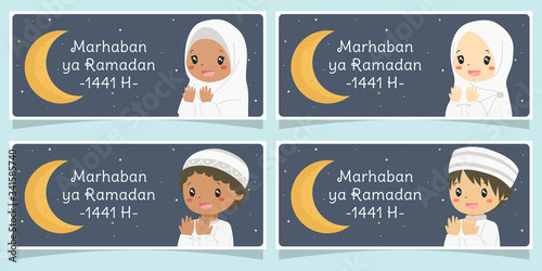 Marhaban ya Ramadan 1441 Hijri banner. Happy muslim kids praying with a crescent moon, isolated in blue background. Printable Eid Al-Fitr muslim celebration banner, greeting card cartoon vector.