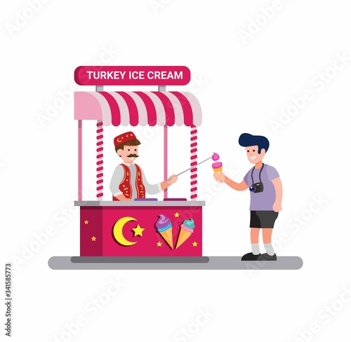 man selling ice cream traditional street food from turkey in cartoon flat illustration vector isolated in white background