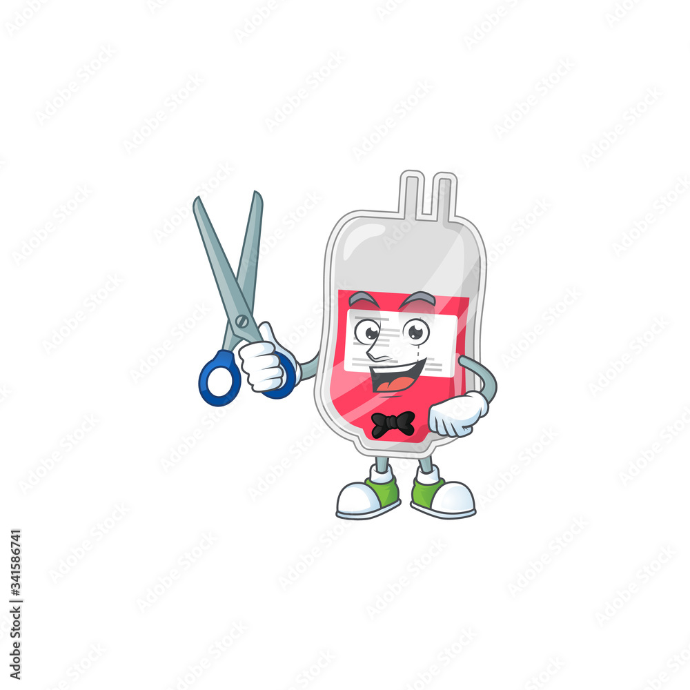 Cute Barber bag of blood cartoon character style with scissor