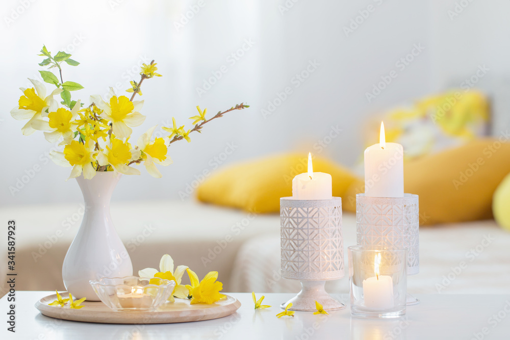 spring flowers in vase on modern interior