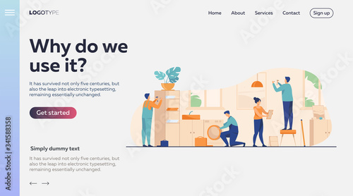 Handyman working at customer home. Repair man fixing washing machine, hammering nails. Vector illustration for housekeeping, household, service concept