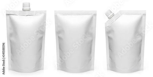 Set of different types of white doypack, isolated on white background photo