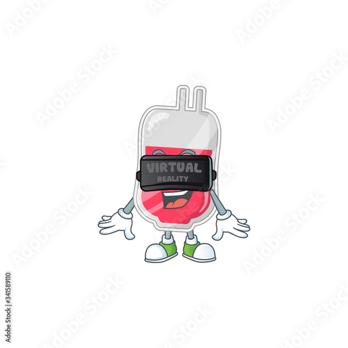 A cartoon mascot of bag of blood enjoying game with Virtual reality headset