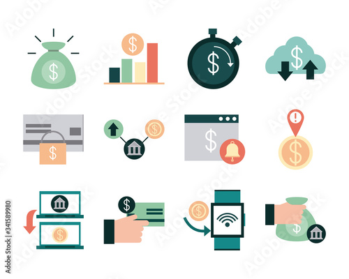 mobile banking, financial payment money bsuiness icons set flat style