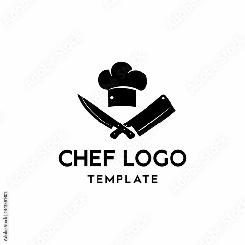 Chef logo design vector template with cross of Kitchen knife Cleaver Chef knife and Chef's hat