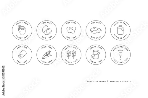 Vector set of logos, badges and icons for natural and organic products. Free from allergic products - gluten, gmo, lactose and egg free, soy, honey.
