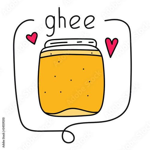 Ghee. Vector hand drawn badge illustration on white background.