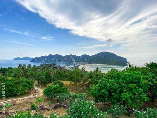 Great view from view point of the tropical paradise island Phi Phi Don to Phi Phi archipelago, Krabi province, Thailand. Background, concept of travel, vacation in tropical countries and tours