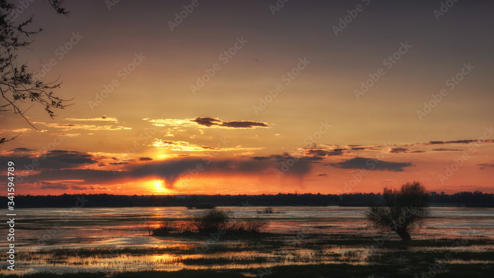 Spring sunset over the flooded meadow