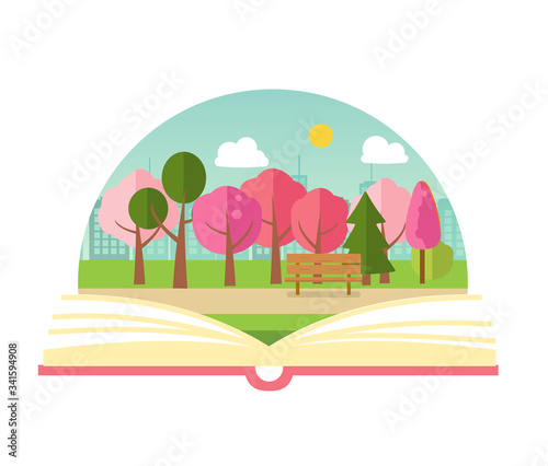 Spring park or forest scene with vibrant colors on pages of magical book, vector illustration
