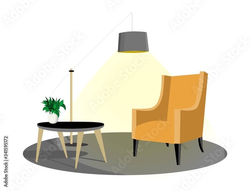 Interior scene. Vector illustration. Armchair and coffee table with books. Cozy room..