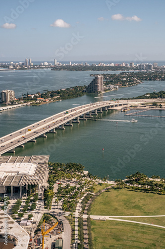 Bird eye view on Biscayne bridge at Miami bay. Miami, Florida, United States of America.