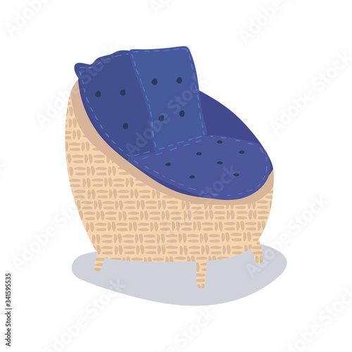 Blue garden armchair. Fashionable furniture in scandinavian style interior concept. flat vector illustration. separate object isolated on white background.
