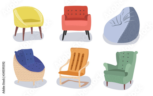 set of modern armchair. Fashionable furniture in scandinavian style interior concept. flat vector illustration. separate object isolated on white background.