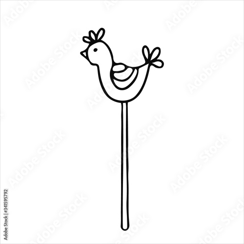 Decorative figure of a rooster on a stick in doodle style. Hand drawn vector illustration in black ink isolated on white background.
