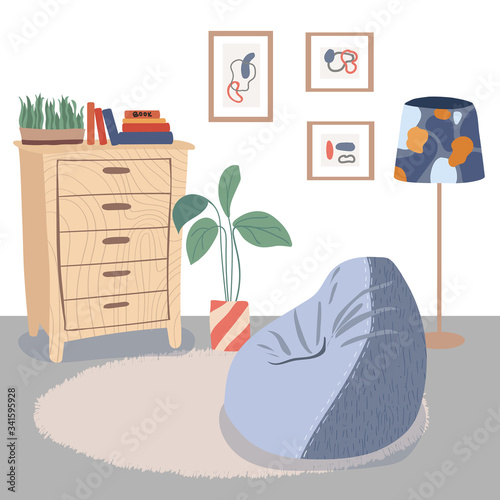 Illustration of minimalistic scandinavian interior with furniture plants, pictures. Flat vector illustration. Separate object isolated on white background.