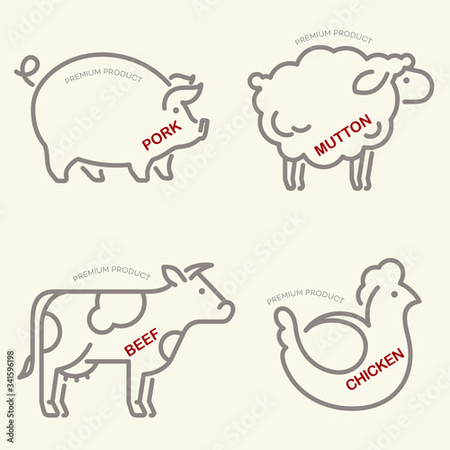 Farm animals vector icon. Sheep, cow, pig and chicken linear icons.